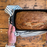 Sourdough banana bread in pan -4-2