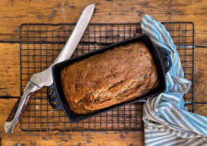 Gluten Free Sourdough banana bread in pan with knife -6-2