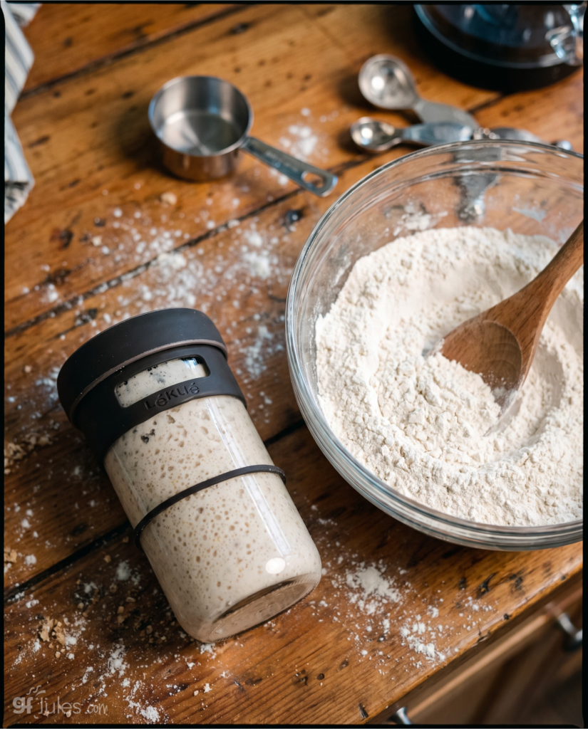 Gluten Free Sourdough Starter with bowl of gluten free flour