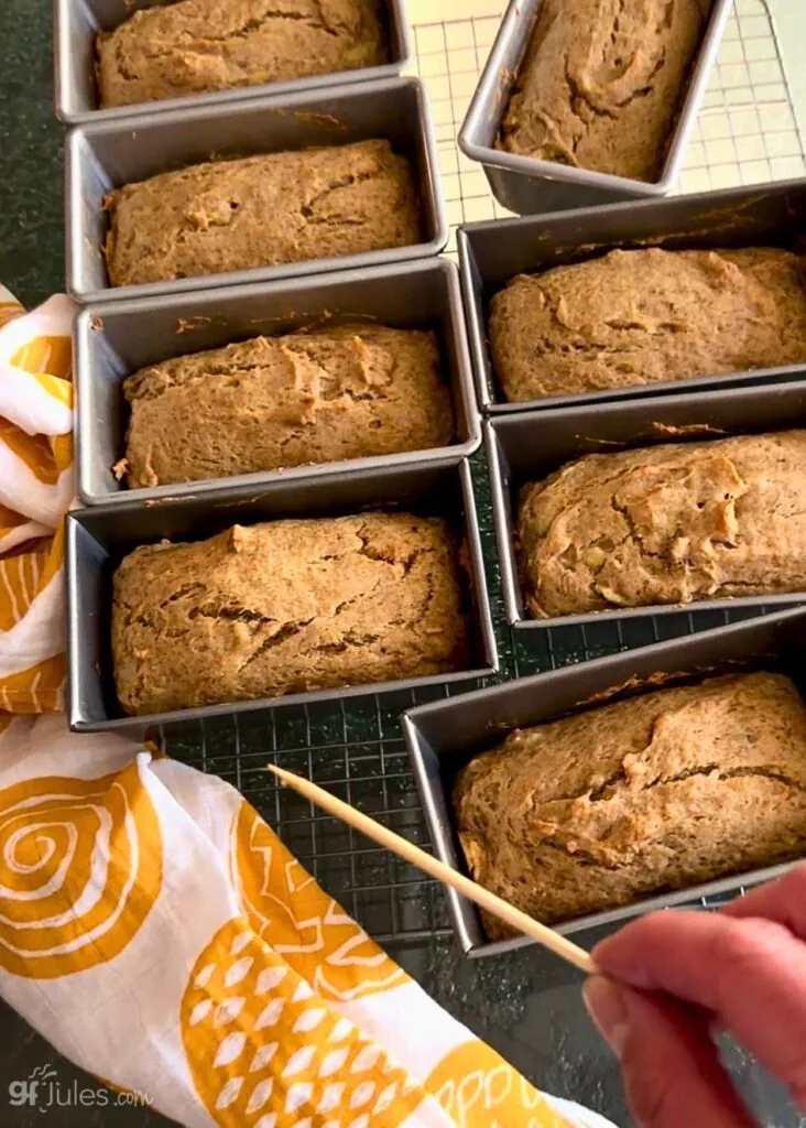 gluten free sourdough banana bread with clean toothpick