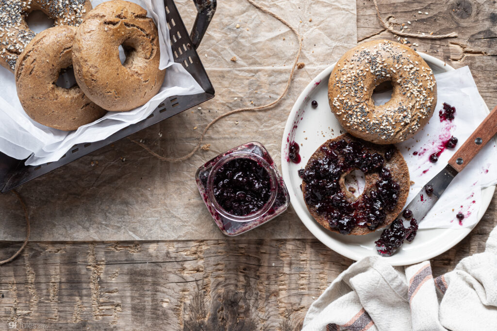 grain free bagels with jam and basket