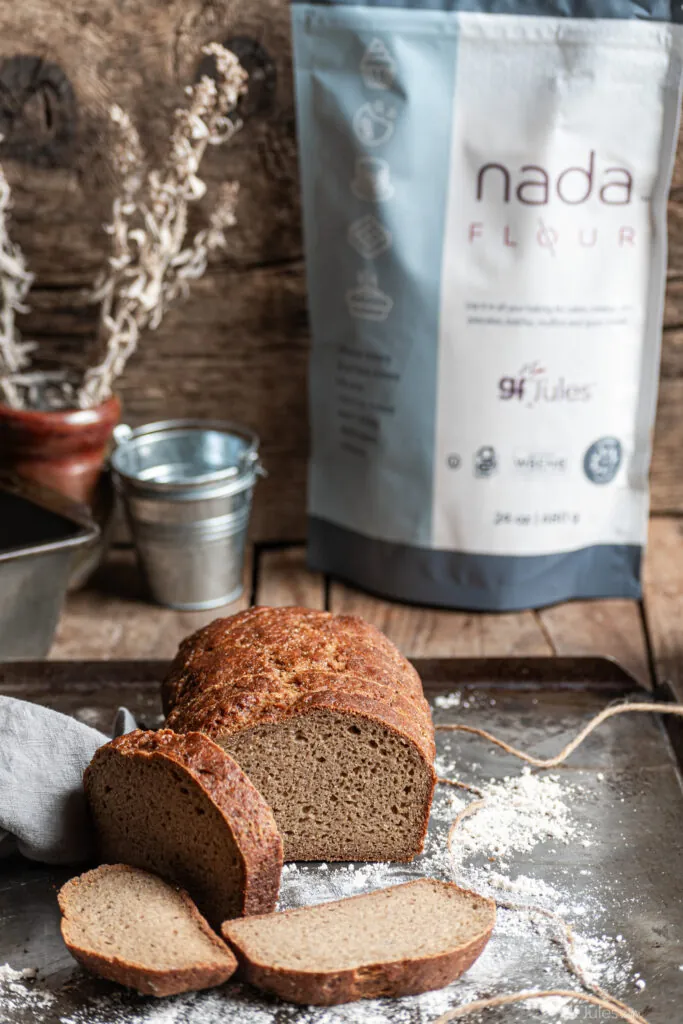 grain free sandwich bread sliced with Nada Flour bag