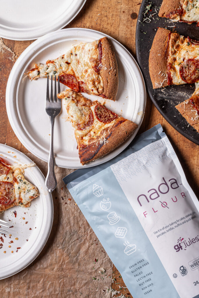 grain free pizza recipe with Nada Flour bag
