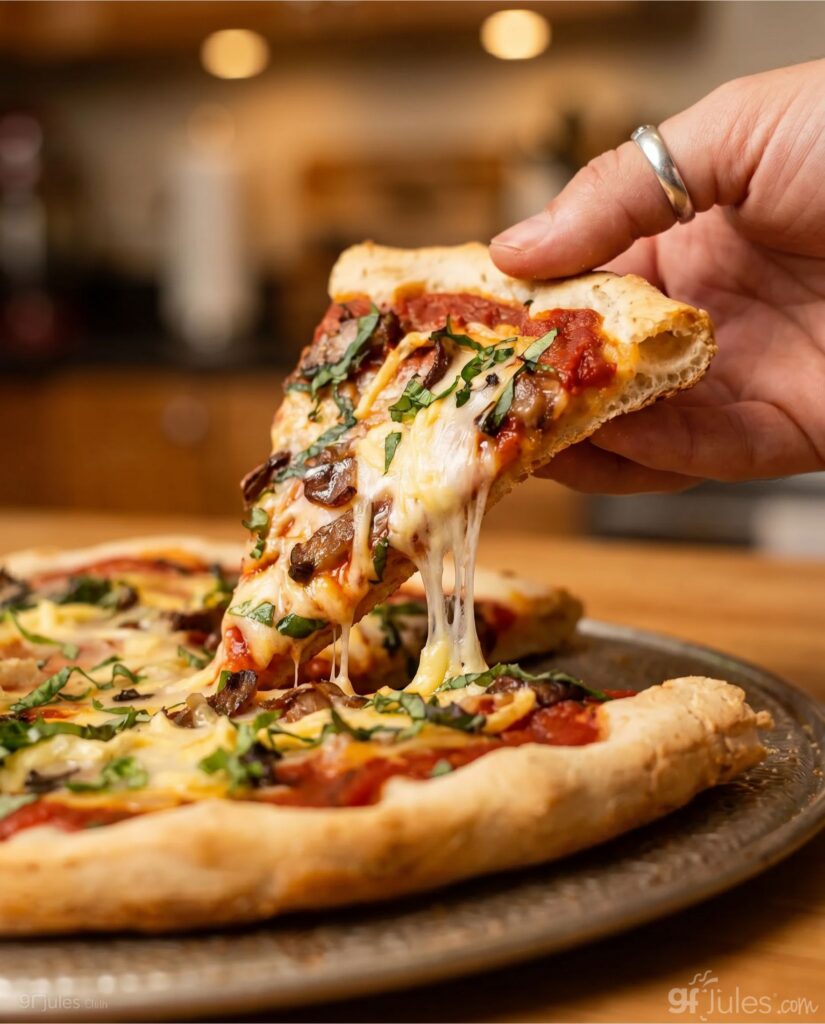 gluten free sourdough pizza lifted slice