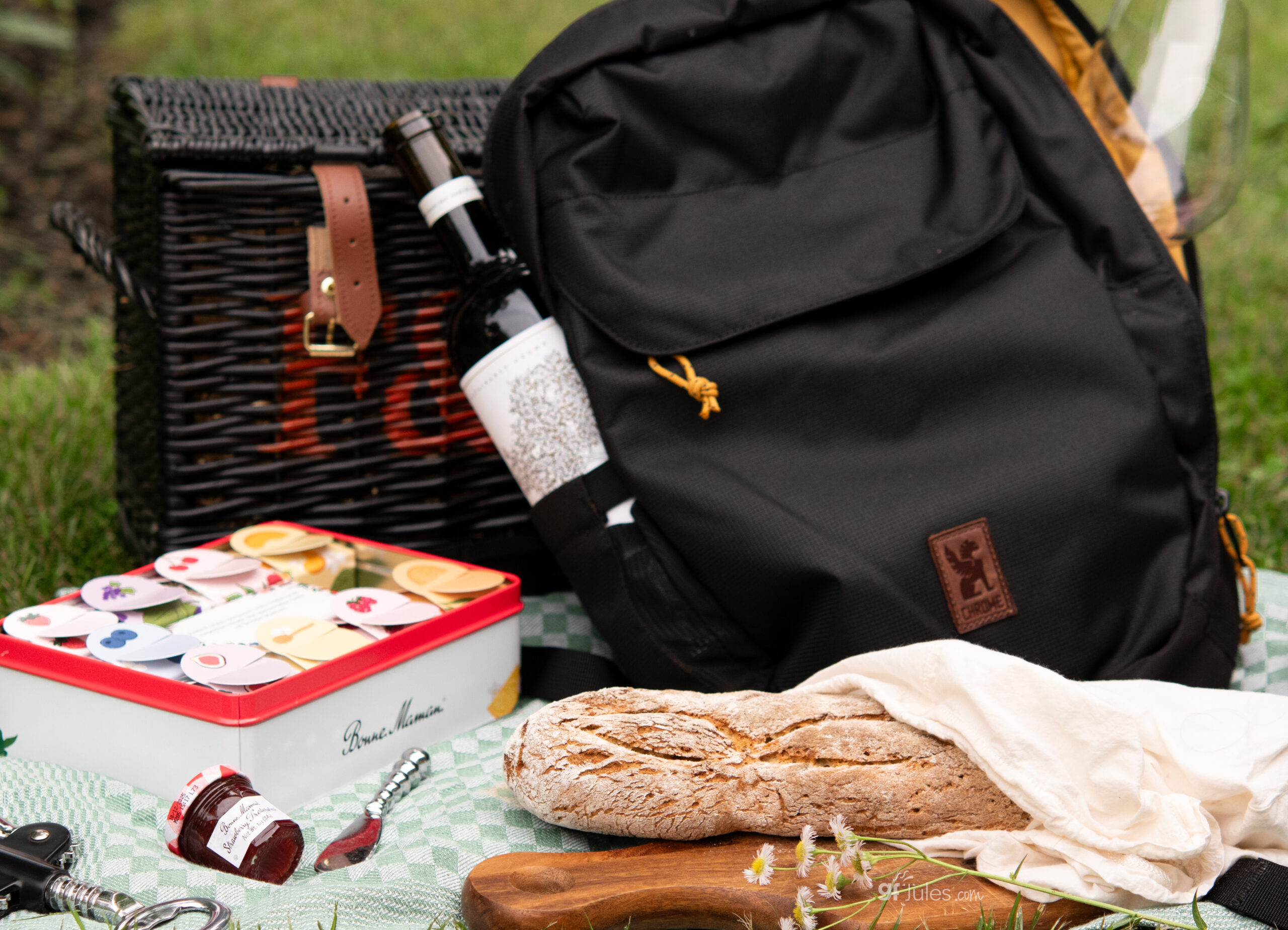 Chrome Industries Backpack with Bonne Maman preserves sampler and gfJules Gluten Free Baguette