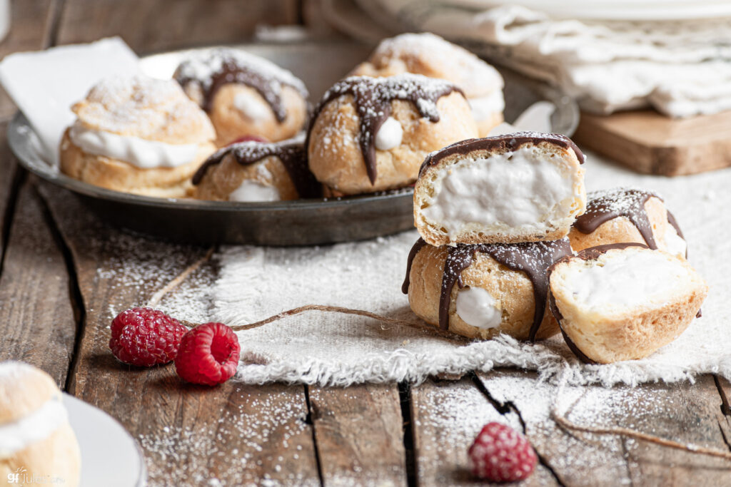 gluten free puff pastry cut open with cream inside