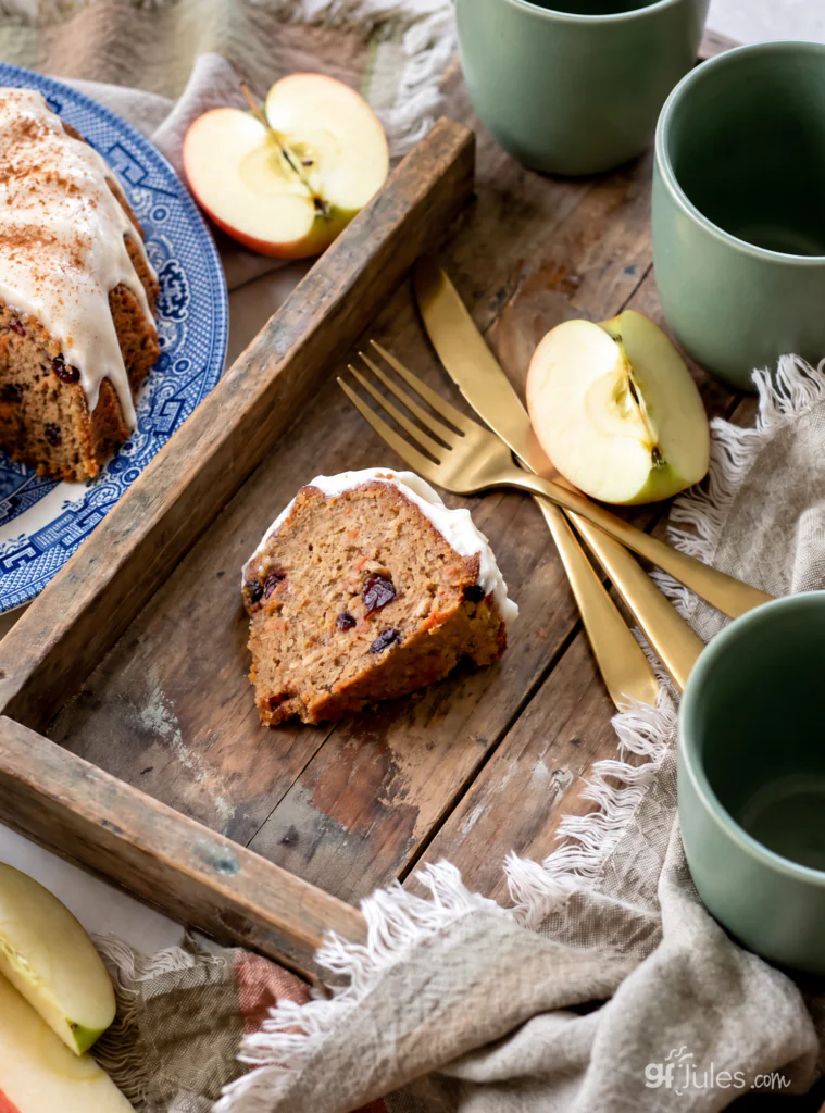 gluten free apple cider cake slice on tray