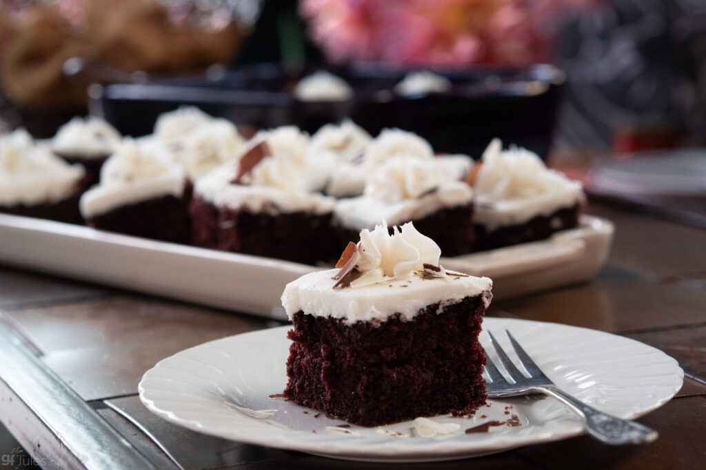 gluten free red velvet slice with fork side