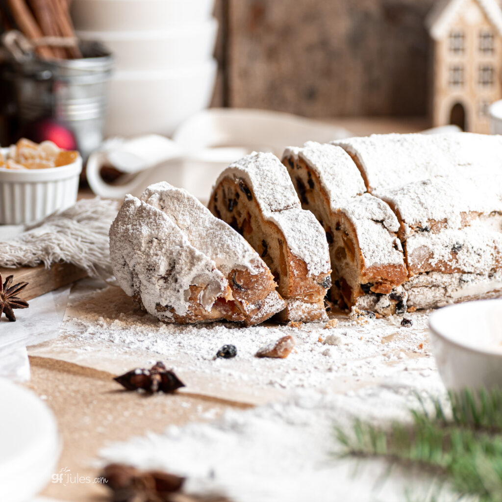 Gluten Free Stollen Sliced and Covered in Powdered Sugar