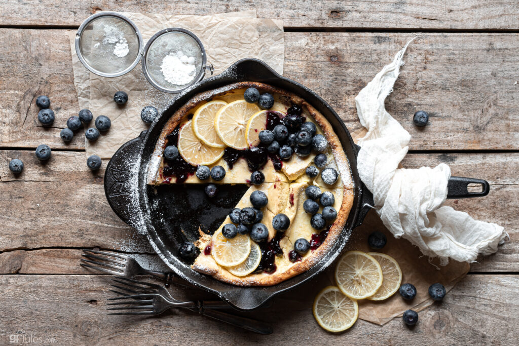 gluten free dutch baby with lemons and blueberries