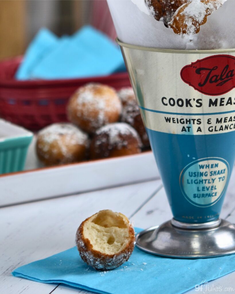 gluten free zeppole doughnut with bite