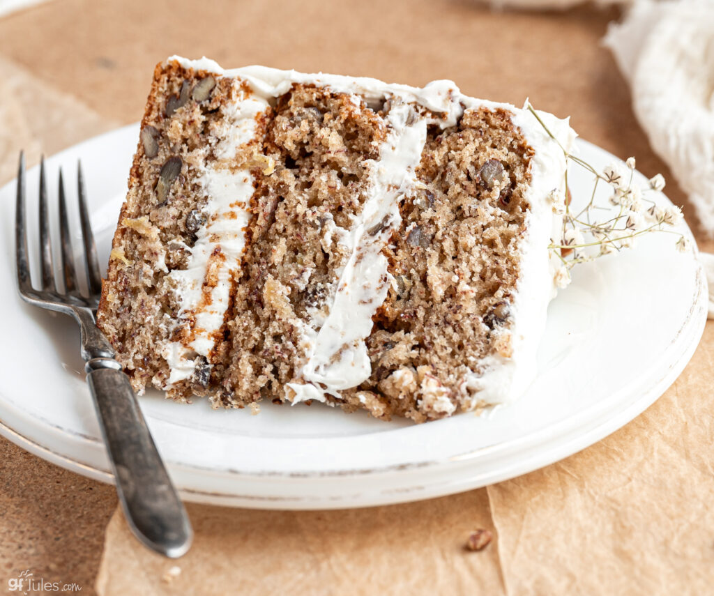 Gluten Free Hummingbird Cake slice on plate