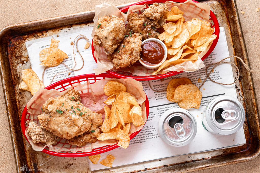Gluten Free Fried Chicken with chips and soda