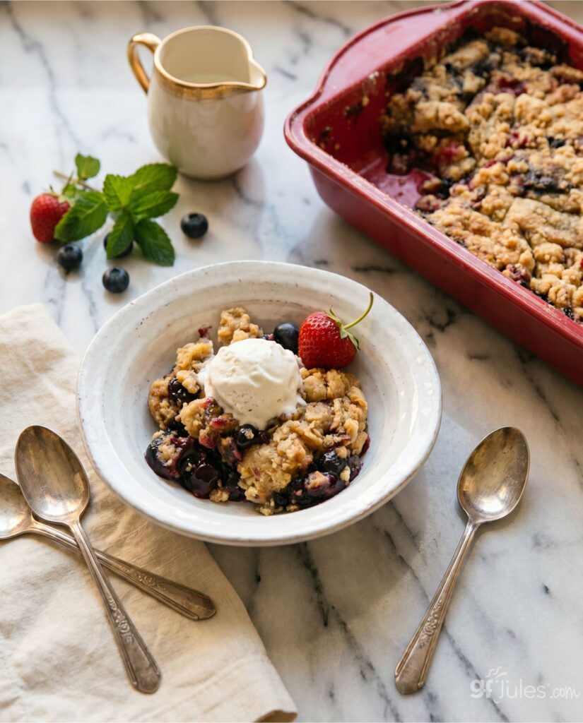 gluten free cookie cobbler in bowl with pan and spoons