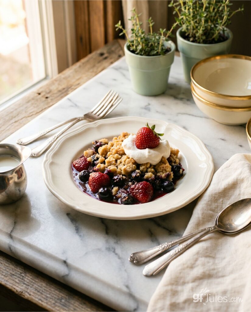 gluten free cookie cobbler in bowl with strawberry and cream

