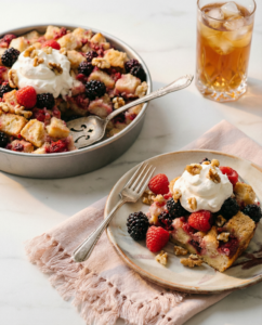 cubed french toast bake with whipped cream