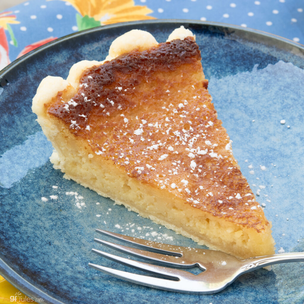 easy gluten free lemon custard pie with fork square