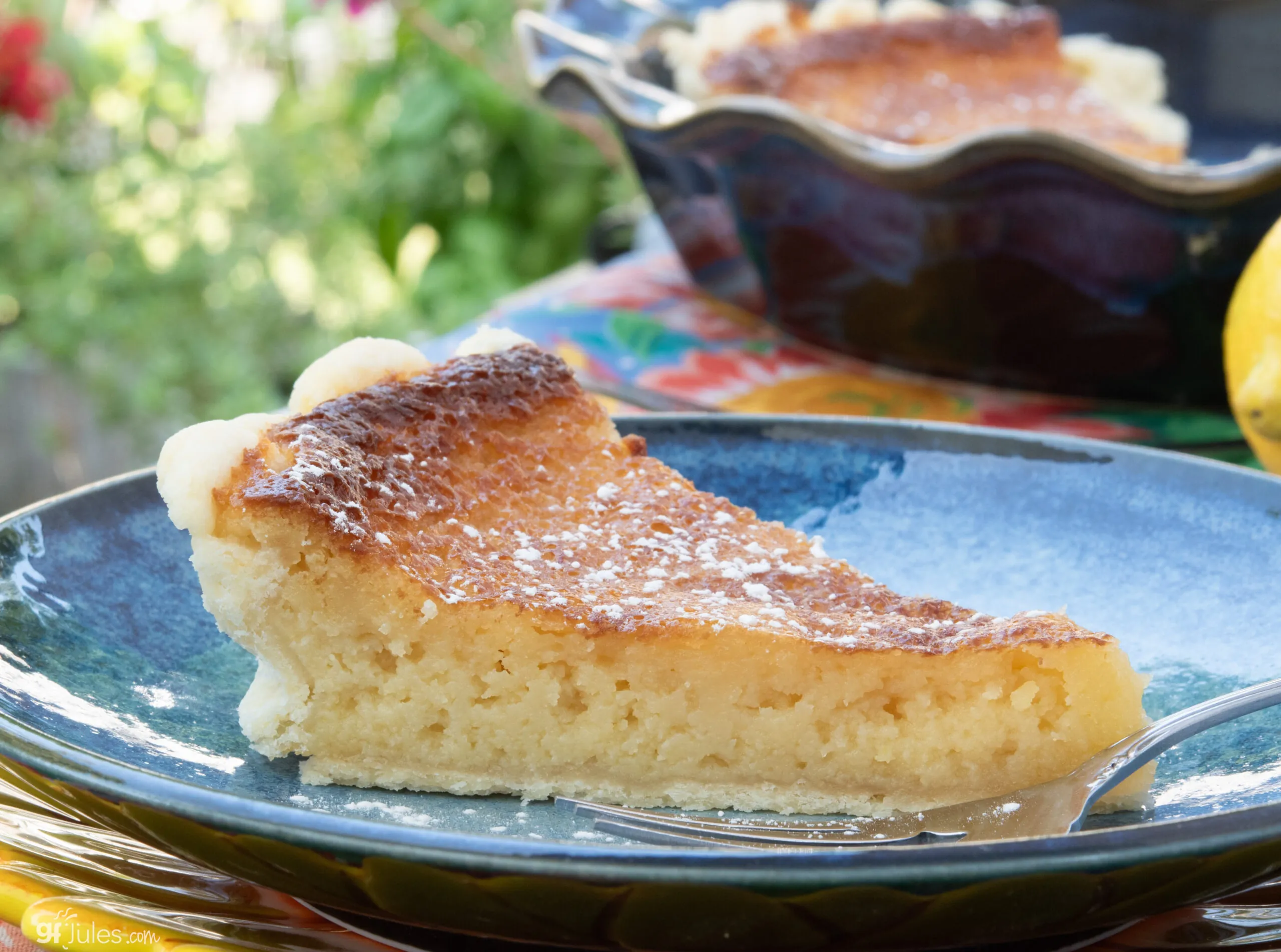 easy gluten free lemon custard pie on blue plate