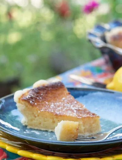 easy gluten free lemon custard pie with fork vertical