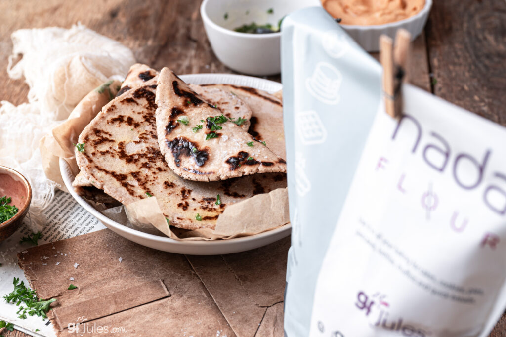 Grain-Free naan breads stacked made with gfJules grain-free Nada Flour