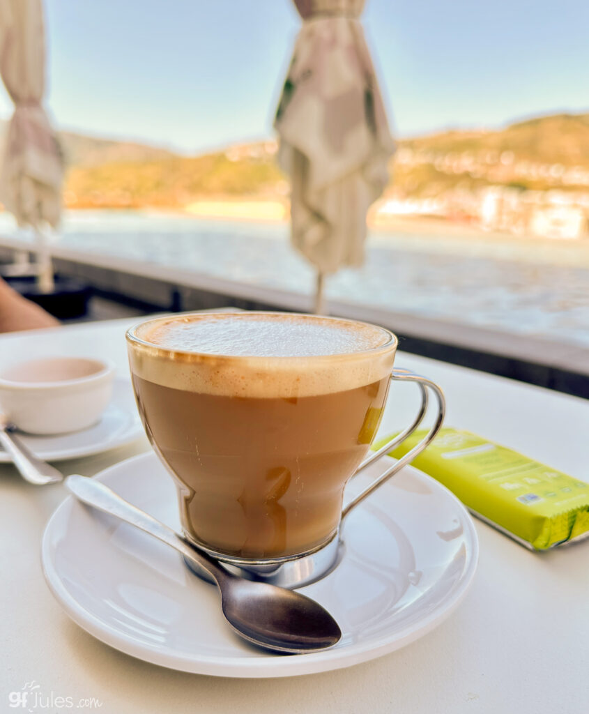 latte and gluten free bar for breakfast in Portugal