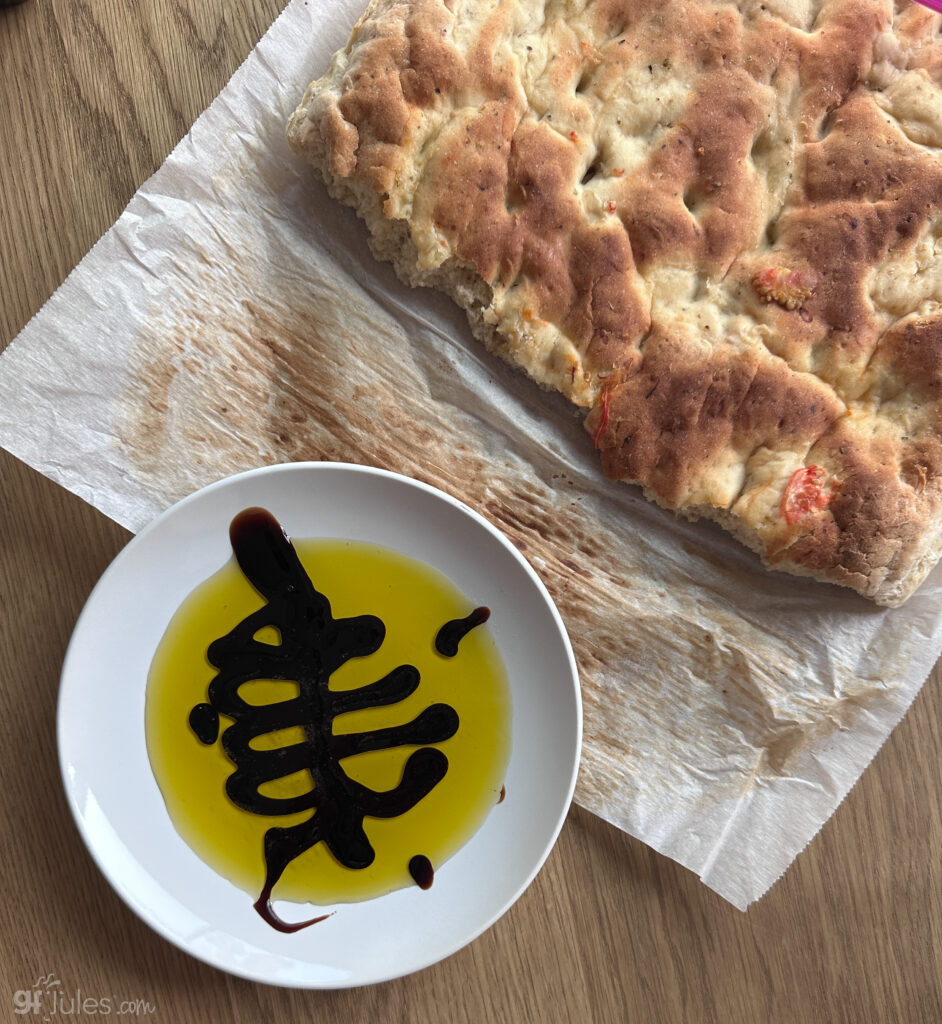 homemade gluten free focaccia made in an airbnb in portugal