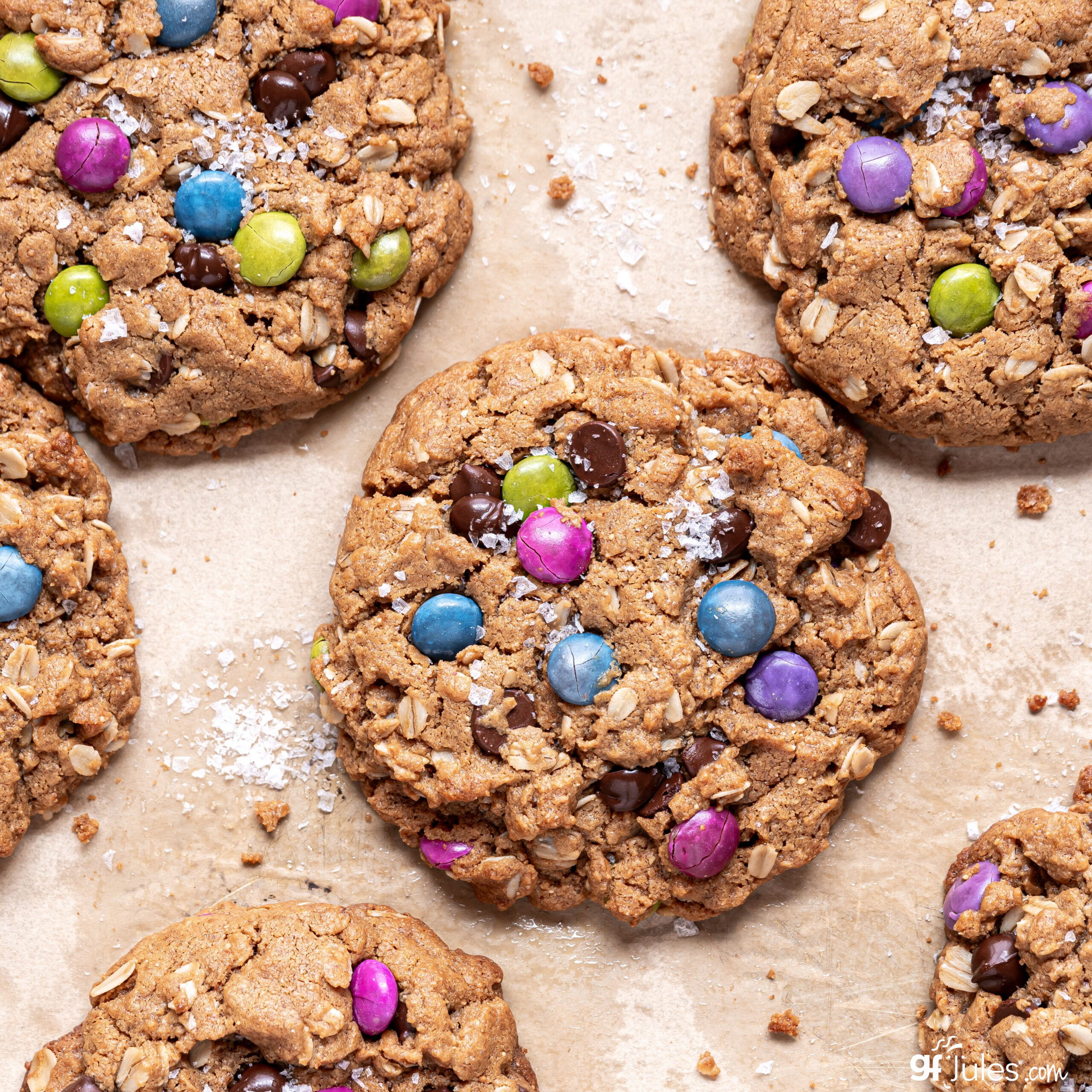 gfjules gluten free monster cookies on baking sheet