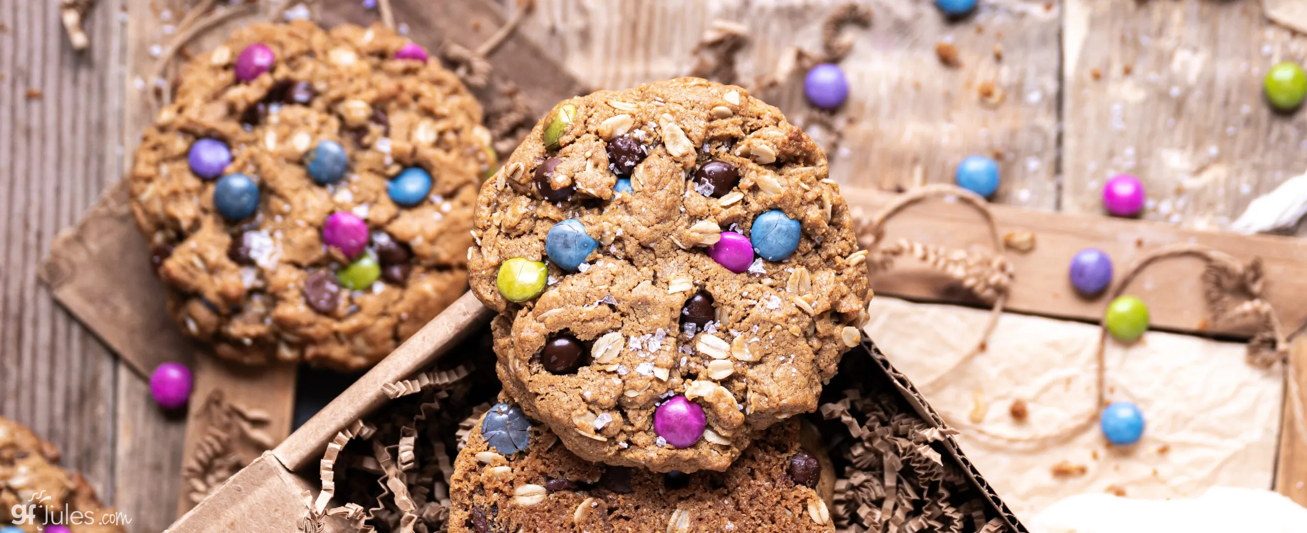 Freshly baked gluten free peanut butter oatmeal monster cookies arranged on parchment paper.