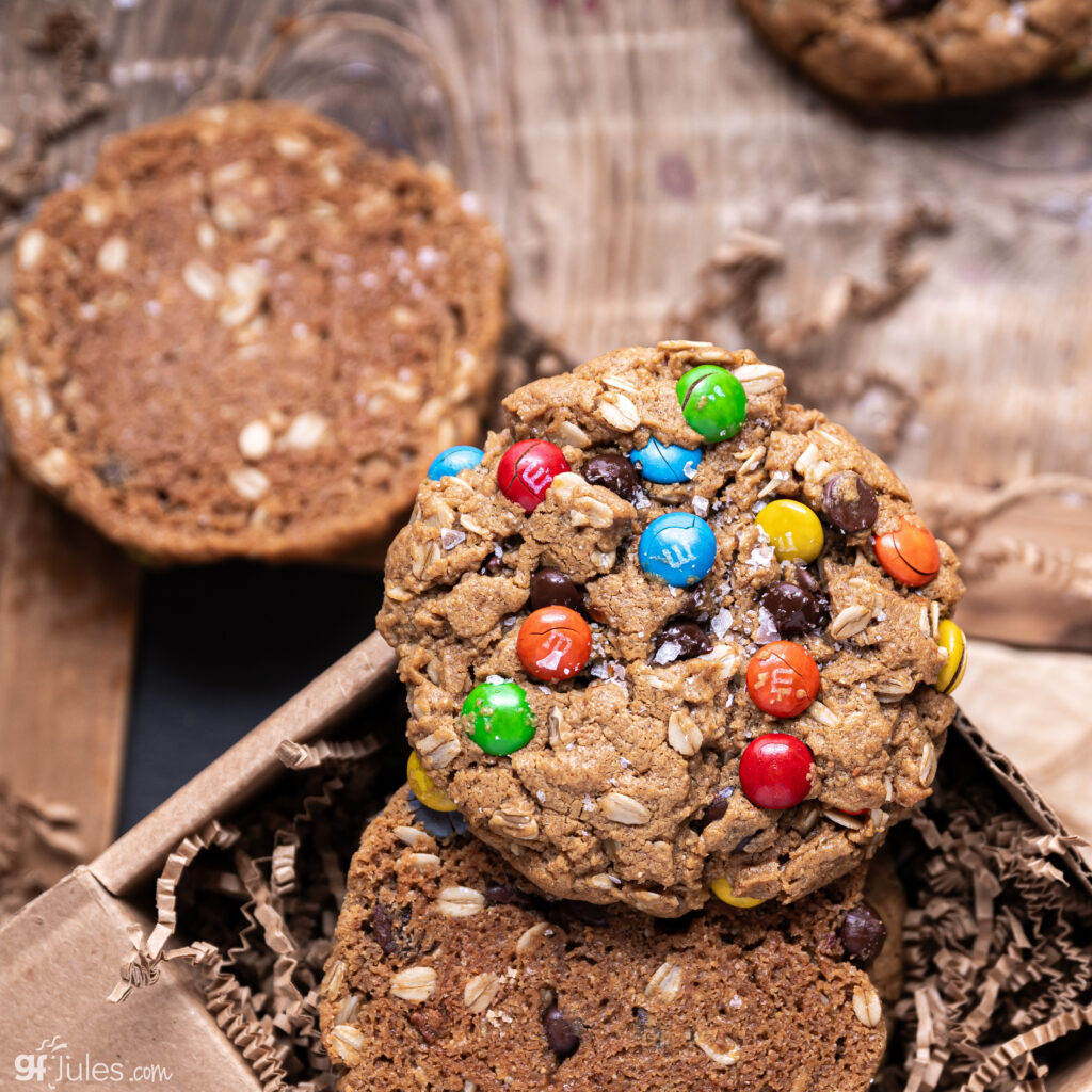 Overhead shot of dairy free gluten free monster cookies made with gfJules Flour – chewy and golden brown.