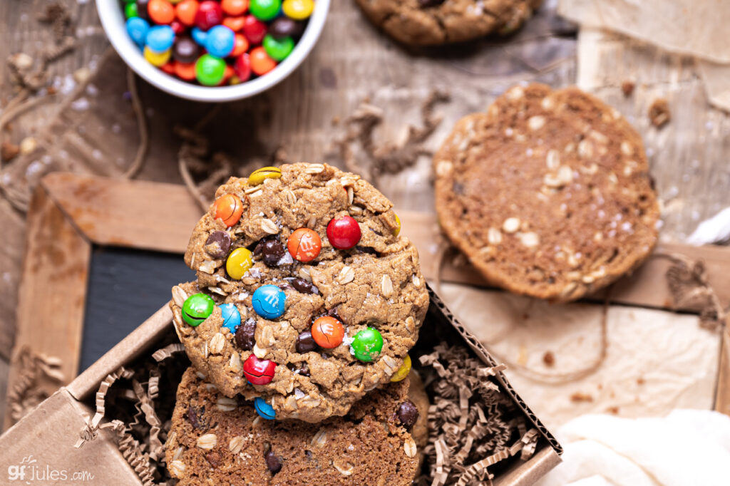 Gluten free peanut butter oatmeal cookies shot from above – loaded with chocolate and no grit texture.