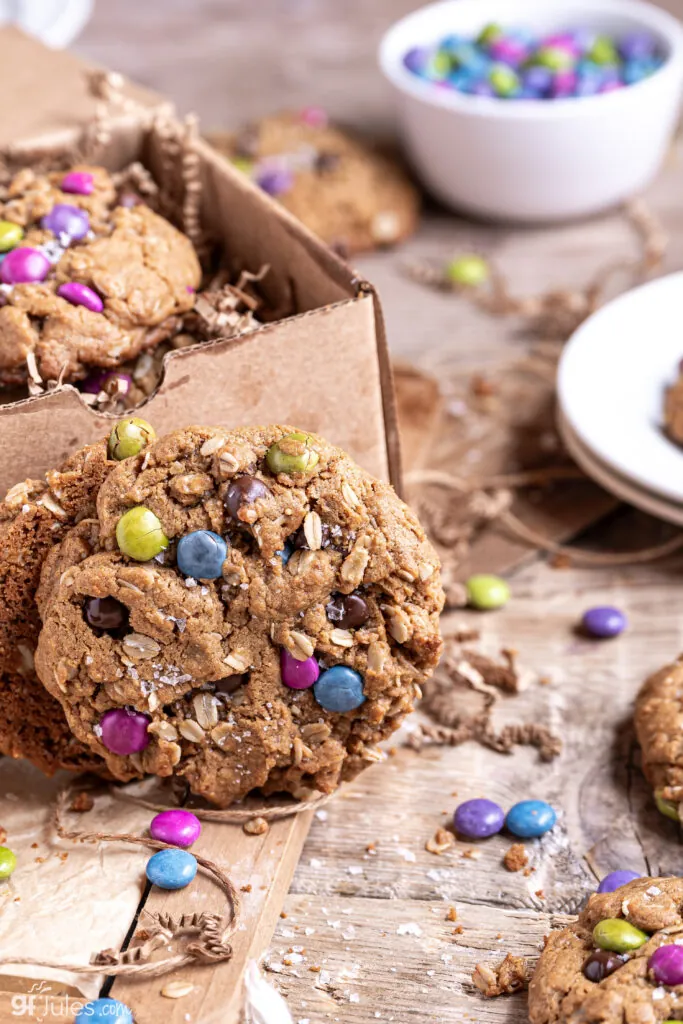 Close-up side view of gluten free monster cookie showing oats, peanut butter, and chocolate chips.