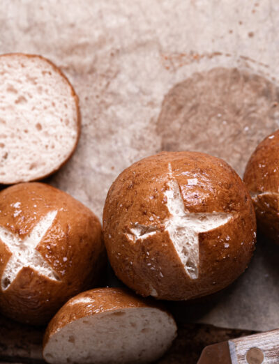 gluten free pretzel buns on tray overhead