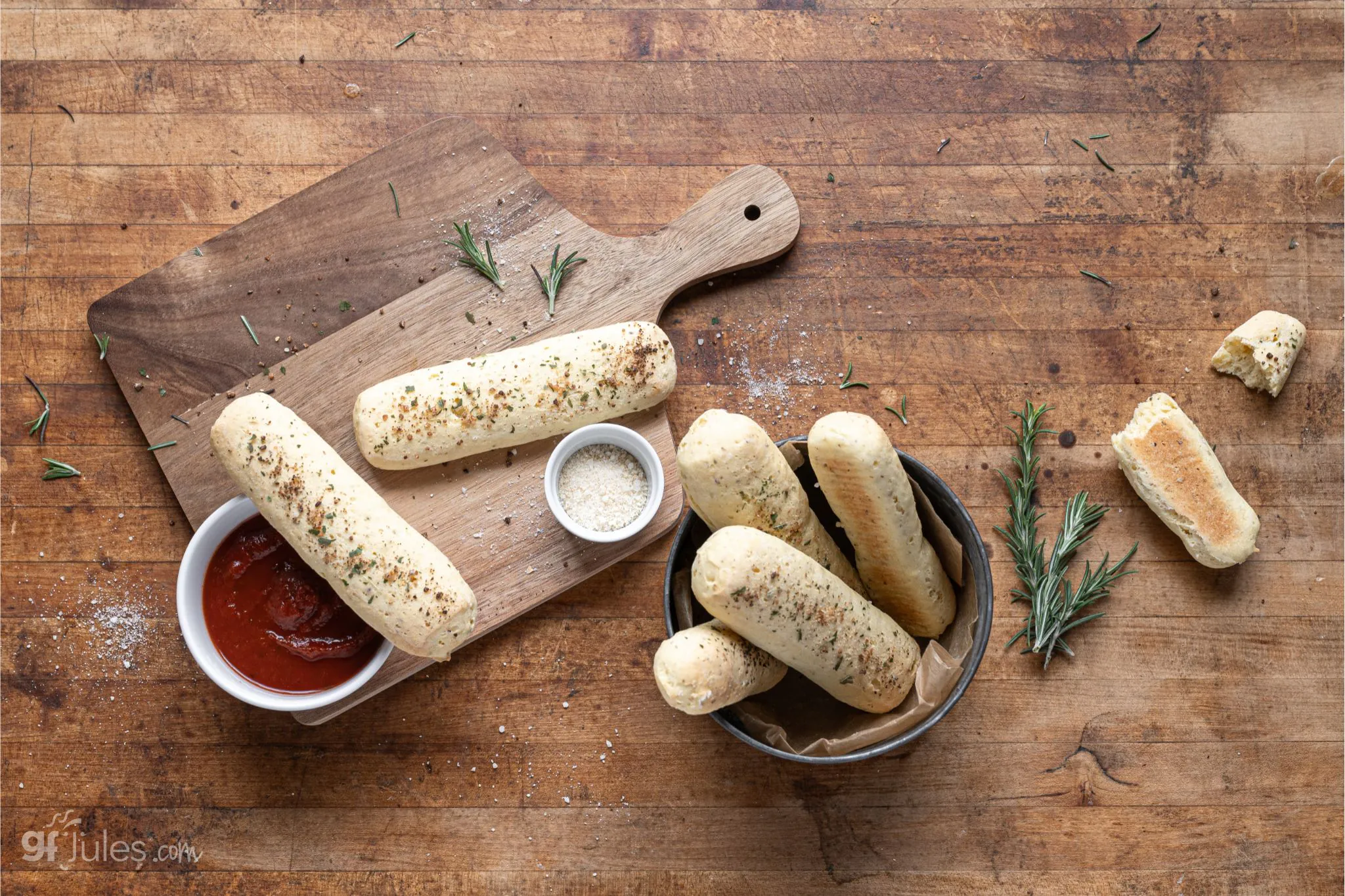 gfjules gluten free breadsticks with focaccia mix overhead