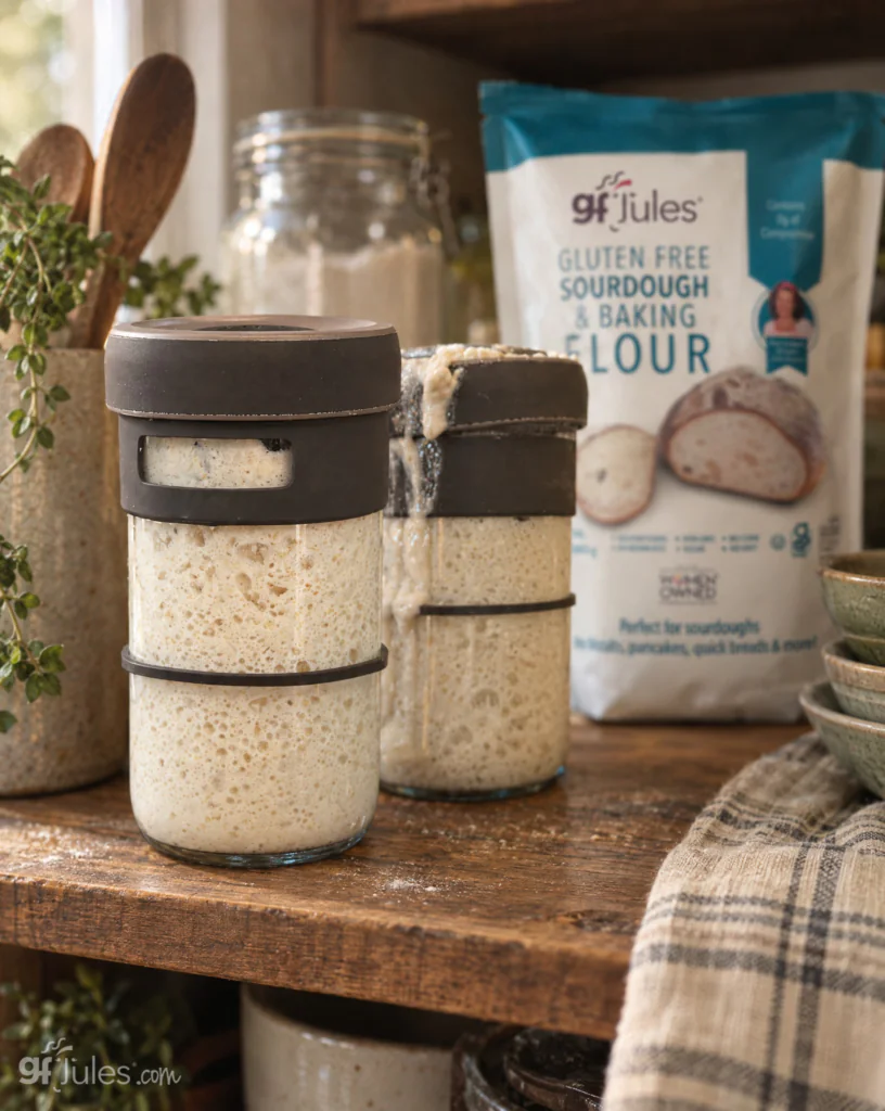 gfjules gluten free sourdough starter jars with flour bag