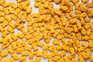 gluten free vegan goldfish crackers spilled out on counter