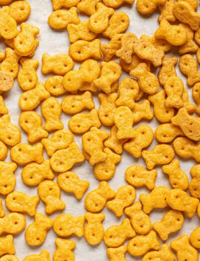 gluten free vegan goldfish crackers spilled out on counter