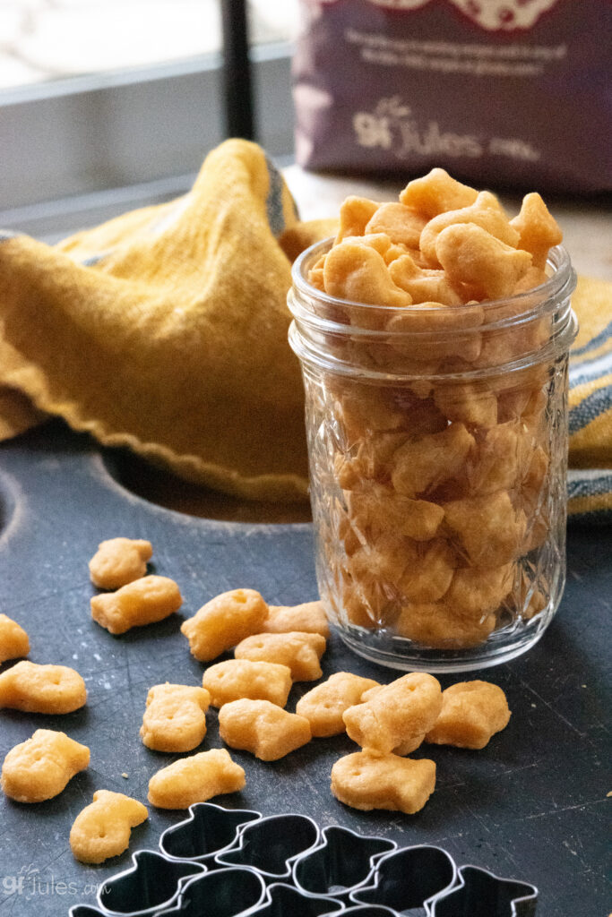 gluten free goldfish in jar with cutter
