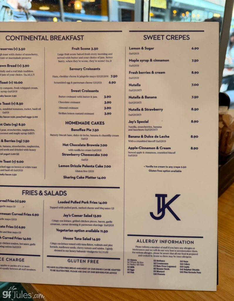 Jay Kay Dublin menu