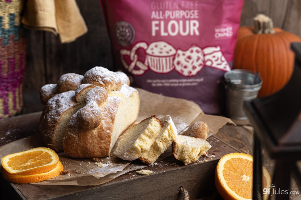 gluten free pan de muerto with gfJules Flour and orange slices